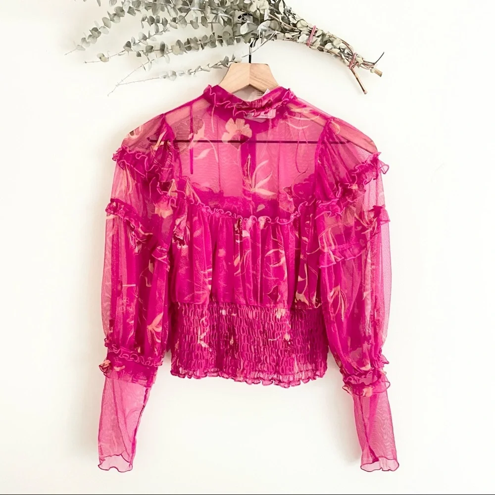 Free People Time For Shine Mesh Top Floral Cropped M NWT